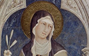 Santa Chiara, particolare in un affresco di Simone Martini. Basilica inferiore di Assisi